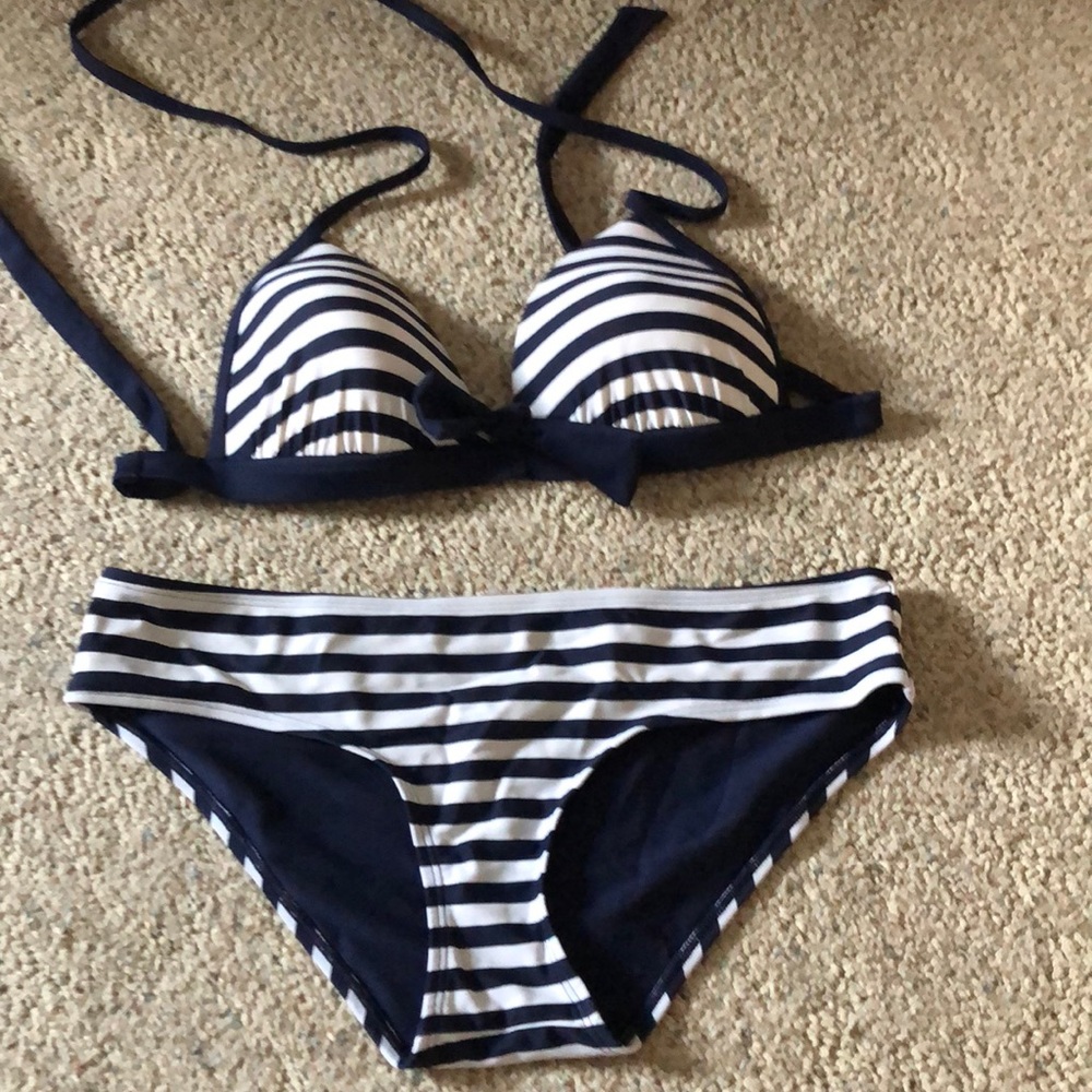 aerie navy and white striped bikini size medium